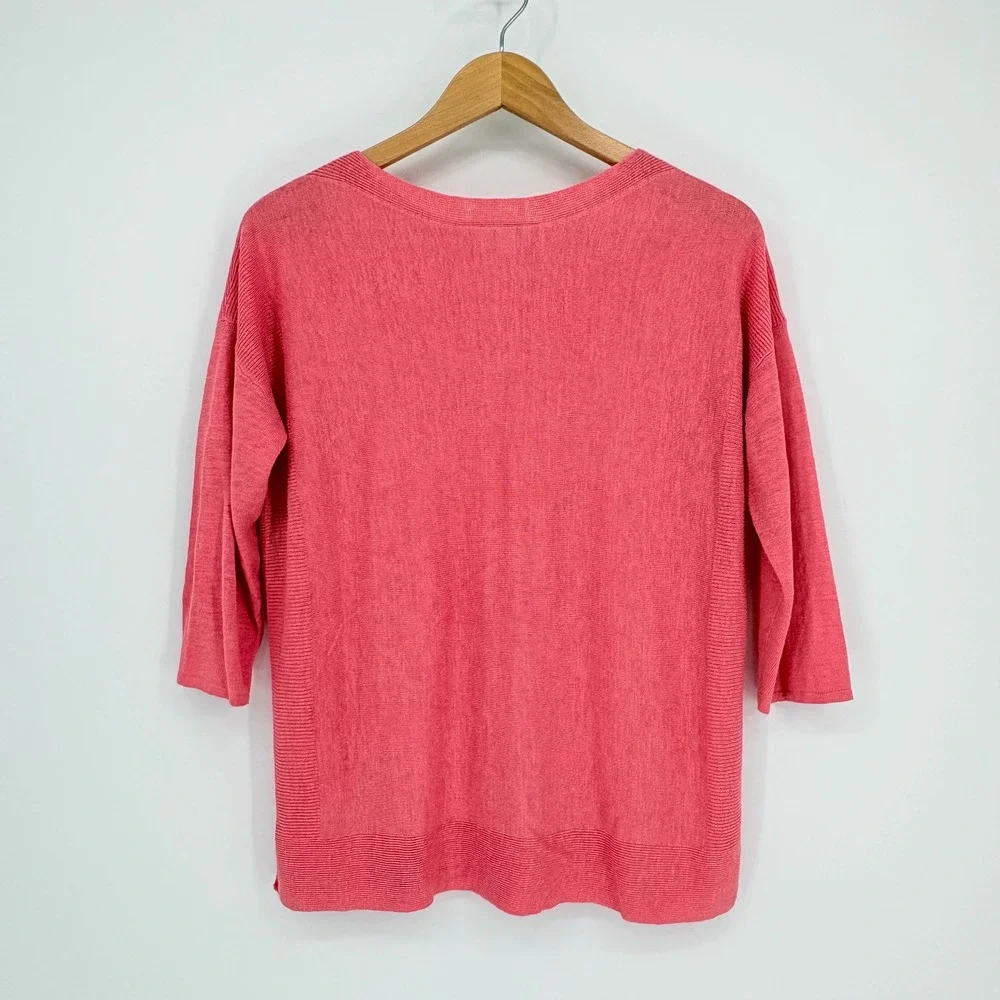 J. Jill Linen Blend Sweater Women Small Coral Pink 3/4 Sleeve Ribbed Lightweight